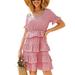 Women's Short Sleeve Summer Sundress Beach Pleated Swing Party Plain Mini Dress