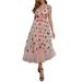 Musuos Women Strawberry Sequin Dress V-Neck Sweet Mesh Lace Up Pleated Maxi Dress