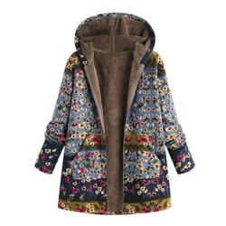 Zonghan Women Winter Coat Printed Hooded Pockets Warm Fleece Floral Button Coat Jacket