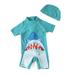 Kid Boys Chic Animals Printed Tiffany Blue Shark One-Piece Rash Guard with Sun Hat 2pcs Swimsuit Pool Beach Bathing Suit (7)