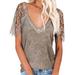 Avamo Womens Fashion T-Shirts Casual Lace Trim V Neck T Shirts Loose Fit Blouses Tunic Shirts Tops S-XXL Khaki S(US 4-6)