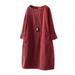 Winnereco Women Solid Color O-neck Dress Pocket 3/4 Sleeve Dresses (Red L)