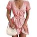 Niuer Womens Boho Polka-dot Tie Waist Cocktail Mini Dress Short Sleeve V Neck Sexy Sundress S-XXL Pink XL(US 12-14)