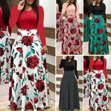 Women Ladies Long Sleeve Floral Boho Party Bodycon Maxi Dress Plus Size Clothes