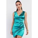 Emerald Green Satin Effect Sleeveless V-neck Wrap Front Detail Mini Dress S
