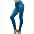 Women's Denim Print Fake Jeans Seamless Full Length Leggings, Women's Stretch Pull-On Skinny Denim Jeggings with Pockets Plus Size L-3XL, Blue