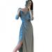 Sexy V Neck Slim Long Dresses Women High Waist Elegant Split Long Dress Female Three Quarter Sleeve Retro Vestidos