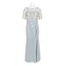 Adrianna Papell Boat Neck 3/4 Sleeve Pleated Slit Zipper Back Embroidered Bodice Mesh Dress-SILVER MULTI