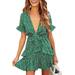 Womens V Neck Floral Dress Short Sleeve Ruffle Layers Knot Front Swing Mini Dresses