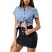 Allegra K Junior's Striped Button Up Short Sleeve Tie Front Crop Shirt