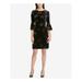 TOMMY HILFIGER Womens Black Printed Velvet Bell Sleeve Jewel Neck Above The Knee Sheath Cocktail Dress Size: 10