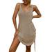 Sexy Dance Women Boho Summer Mini Dress Backless Cover Up Sleeveless Party Dresses Ladies Drawstring Sexy U Neck Hollow Out Cocktail Dress Khaki L(US 10-12)