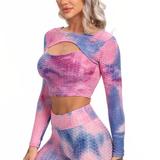 CROSS1946 Women Texture Tie Dye Crop Top Long Sleeve Yoga Top Gym Mock Neck Workout Tops shirt