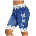 Egmy Women Plus Size Skinny Butterfly Print Jeggings Faux Denim Jean Shorts