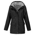 Suzicca Sporty Women Hooded Striped Inside Drawstring Solid Color Pocket Long Coat Jacket