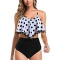 Women High Waisted Bikini Ruffle Swimsuit Flounce Pom Pom Trim Two Piece Bathing Suit Tassel Black Dots (L