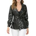 Allegra K Women's Long Sleeve Notched Lapel Open Front Button Cuff Tie Waist Belted Leather Biker Jacket