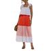 Women's Casual Strap Sleeveless Maxi Dress Boho Sundress Ruffled Contrast Color Block Lace Up Long Maxi Dresses with Pockets