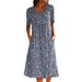 Sexy Dance Women Summer Shirt Dress Ladies Floral Pockets Swing Dress Crew Neck Short Sleeve Top Midi Dress