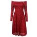 Womenâ€™s Vintage Lace Flaral Off Shoulder Long Sleeves Party Casual Swing Dress Color:Claret Size:L