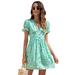 New Women's Summer New Style V Neck Fashion Printed Puff Sleeve Dress Casual Party Pleated Mini Dress Digital Printing Bubble Sleeve Dress