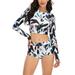 Avamo Women Long Sleeve Padded Swimsuit Floral Two Piece Swimwear Set Tops w/ Swim Shorts , Ladies Tankini Bikini Suit Surfing Beachwear Swimming Costumes Bathing Suit Wet Suit Rash Guard S-XXL