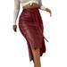 MISOWMNJOY Women Faux Leather Midi Skirt High Waist Button Trim Bodycon Pencil Skirt with Belt
