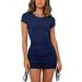 Sexy Dance Casual Solid Short Sleeve T-shirt Mini Dress Pleated Drawstring Bodycon Dress Party Cub Cocktail Midi Dress