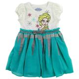 Disney Girls Frozen Princess Elsa Glittery Aqua Green Short Sleeve Dress