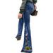 Vintage Plus Size Ladies Denim Jean Women Juniors 70s Trendy Slim Fit High Waist Flared Bell Bottom Denim Jeans Pants Ladies Floral Embroidery Wide Leg Denim Pants