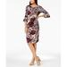 CONNECTED Womens Purple Floral Print Bell Sleeve Jewel Neck Knee Length Body Con Wear To Work Dress Size: 6