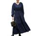 Woman Casual V-Neck Puff Sleeve Spliced Long Sleeve Pleated Dresses