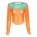 Patchwork Trendy Ladies Mesh Cropped Party Tops Clubwear See Through Sexy Skinny Tees Contrast Color Lounge Streetwear T Shirts