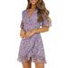 EYIIYE Women Boho Purple Dress Summer V Neck Floral Ruffle Swing Mini Sundress