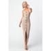 Womenâ€™s Beige Sleeveless Ribbed Fitted Button-Front Maxi Dress