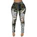 Spftem Womens Camouflage Print Hole Button Zipper Pocket Jeans Casual Denim Tight Pants