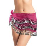 Plus Size XL Chiffon Belly Dance Hip Scarf Wrap Belt Tribal Sash Skirt Silver Coins - Fuchsia