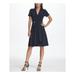 DKNY Womens Navy Zippered Embellished Collared Short Sleeve V Neck Above The Knee A-Line Party Dress Size 14