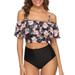 Womens Two Piece Ruffled Flounce High Waisted Printed Bikini Set Swimwear Swimsuits