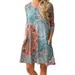 Women's 3/4 Sleeve Damask Floral Printed Dress Bohemian Swing Casual Midi Dress