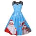 Selfieee Women's Christmas Lace Stitching Sleeveless Printed Dress A-line Pleated Cocktail Party Dress 40376 Blue Small