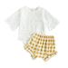 Xiaodriceee Baby Girls Two-piece Clothes Set, White Round Collar Half Sleeve Romper + Yellow Plaid Pattern Shorts