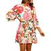 Listenwind Women Flora Print Mini Dress Ruffle Flare Sleeve Waist Tie A-line Dress