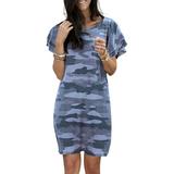 Women Summer Casual Short Sleeve T Shirt Dresses Ruffles Loose Mini Short T-Shirt Dress Ladies Plus Size Boho Beach Kaftan Loose Sundress Oversized Loose Mid Tunic Midi Sun Dress