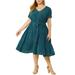 Agnes Orinda Juniors' Plus Size V Neck Tie Waist Short Sleeve Dress