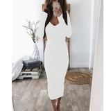 Women's Long Sleeve V Neck Bodycon Ribbed Knit Dress Solid Slim Midi Dress