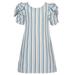 Bonnie Jean Girls Blue Vertical Stripe Bow Gathered Sleeve Dress