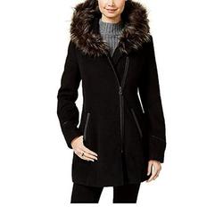Maralyn & Me Juniors' Faux-Fur-Trim Asymmetrical Hooded Coat (X-Small) Black