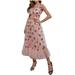 Hirigin Women Embroidered Sequin Strawberry Cocktail Dresses Plunge V Neck Lace Up Pleated Mesh Midi Party Dress