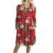 Ladies Christmas Print Midi Dress Women Cocktail Party Dress Xmas Gifts Plus Size Vocation Dresses Long Sleeve Round Neck Tunic Dress with Pockets